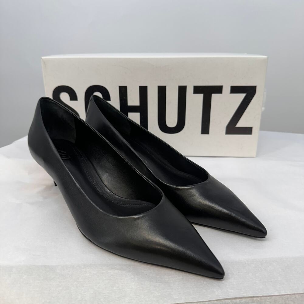 SCHUTZ New in Box Lou Mid Curve Pump Heel Black Leather with Gold Heel // 8 - Picture 4 of 11
